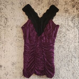 Studio Y Purple Ruched Tank with Black Lace V-Neck